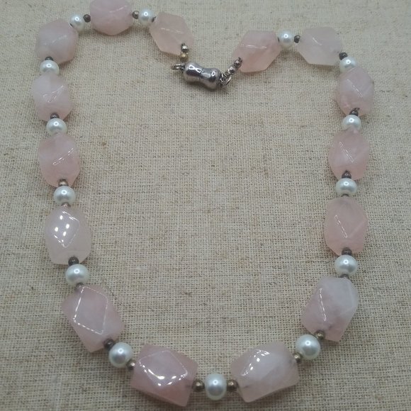 Mid-Century s925 Faceted Rose Quartz/ Pearl Choker - Picture 5 of 8